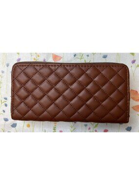 Quilted Brown Faux Leather Zipper Wallet With Wrist Strap & Gold Hardware